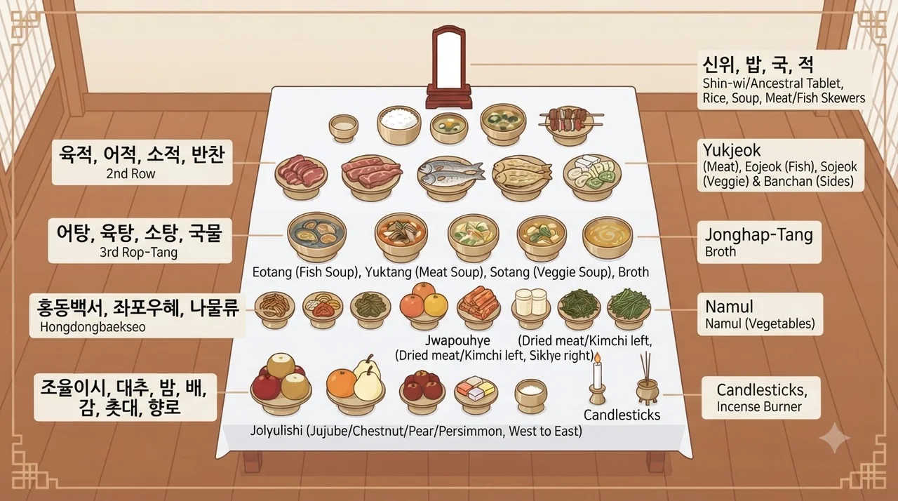 제사상 5열 배치와 주요 규칙 (홍동백서, 조율이시)