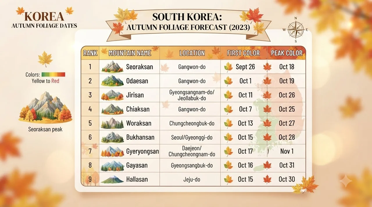전국 단풍 절정 시기 및 추천 명소 비교