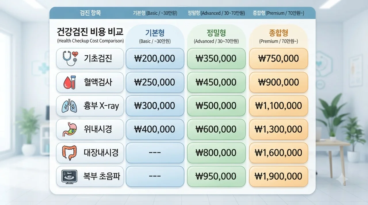 항목별·기관별 종합건강검진 비용 상세 비교